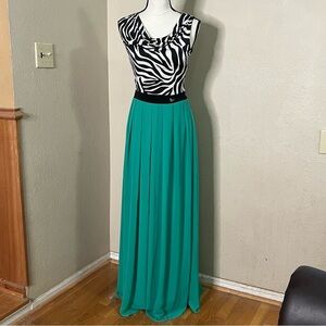 Bago black zebra bodice green flowy skirt maxi dress